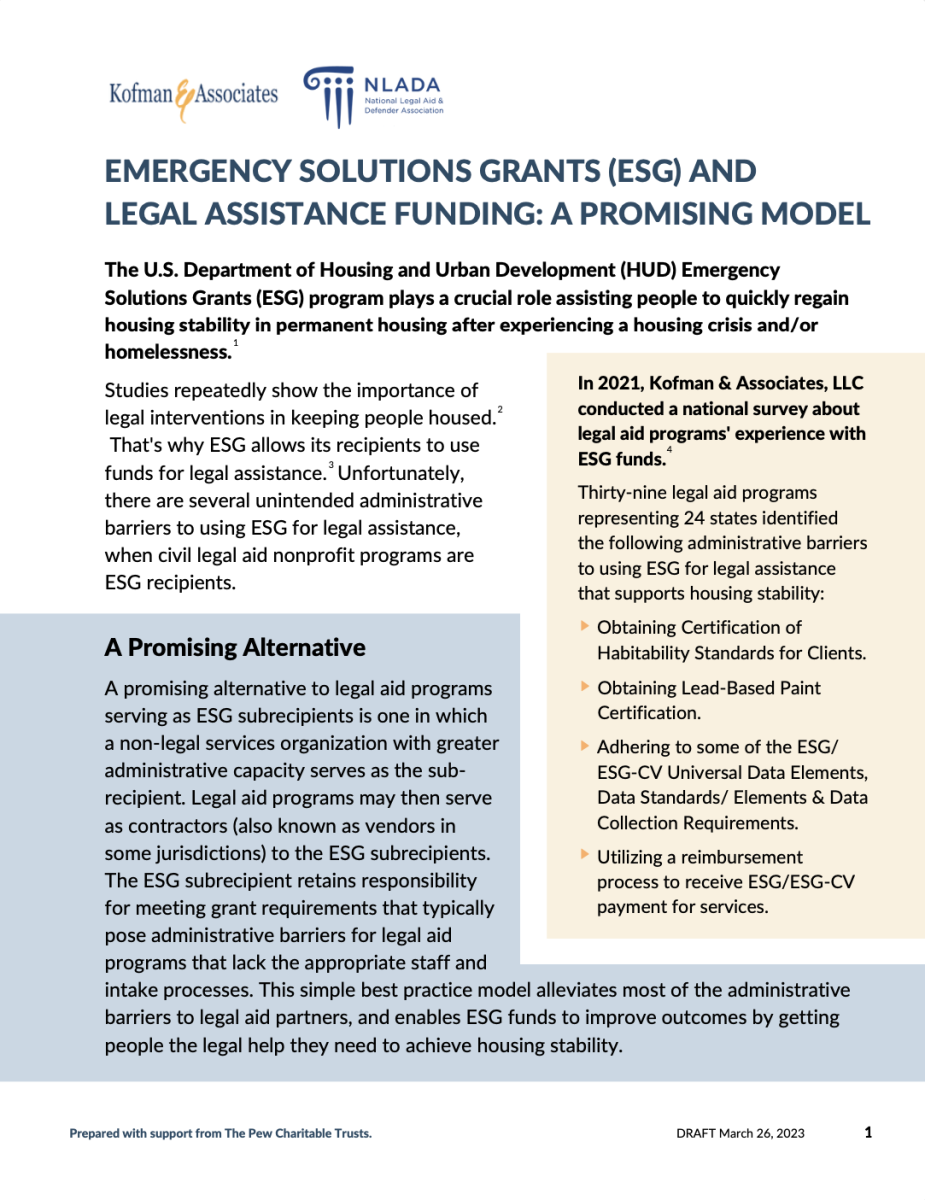 Emergency Solutions Grant (ESG) Promising Models National Legal Aid